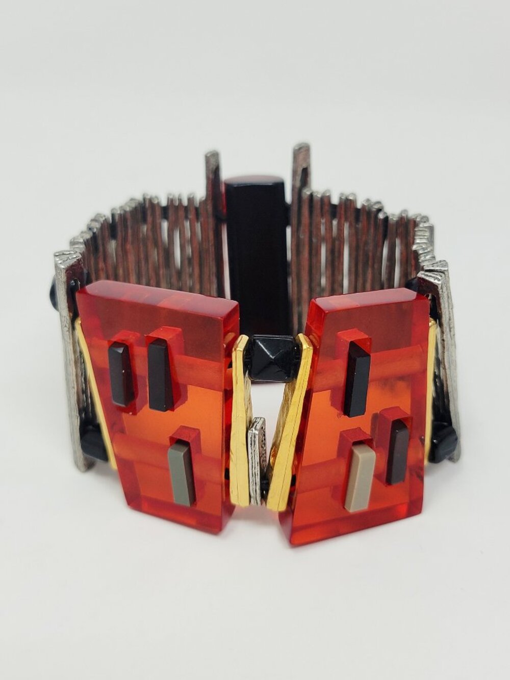 Anne Marie Chagnon Statement Stretch Bracelet Red Resin Mixed Metal Artsy Bold